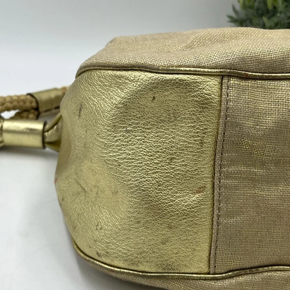 Authenticated Kate Spade Gold Metallic Glitter Canvas Leather Gabi Avalon Hobo‎